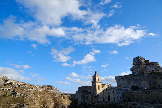Church of San Pietro Caveoso in Matera. In the background the Mountains with ancient prehistoric caves.