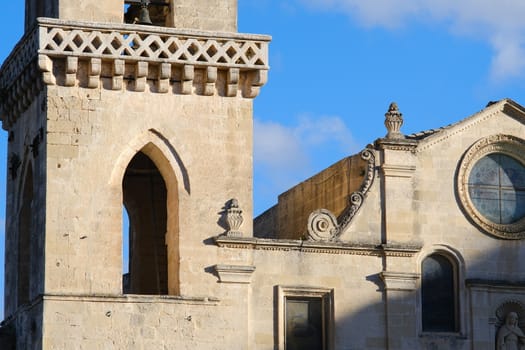 Church of San Pietro Caveoso in Matera. Detail of the facade built in tuff blocks.
