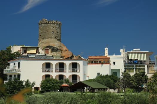 Forio, Ischia, Naples, Italy, About the July 2019. Ancient defensive tower in Forio, on the island of Ischia. The towers served as sighting points for enemies arriving from the sea.