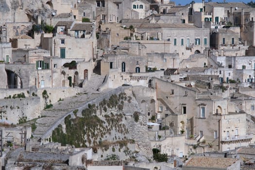 Sassi of Matera. Houses built partly in the rock and partly with tuff blocks.