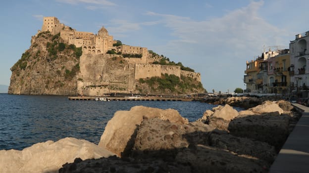 Ancient Aragonese Castle in Ischia Ponte. The fortification stands on a peninsula of volcanic rock connected to the village of Ponte. Ischia, Naples, Italy. 