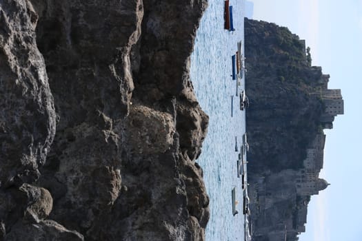 Ancient Aragonese Castle in Ischia Ponte. The fortification stands on a peninsula of volcanic rock connected to the village of Ponte. Ischia, Naples, Italy. 