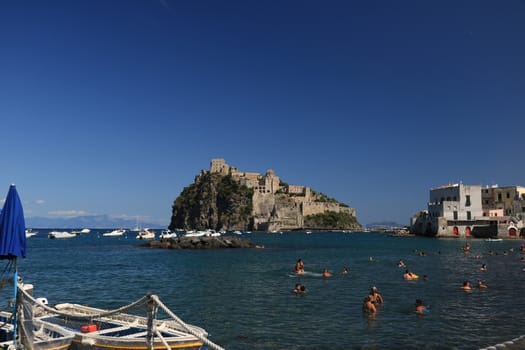 Ancient Aragonese Castle in Ischia Ponte. The fortification stands on a peninsula of volcanic rock connected to the village of Ponte. Ischia, Naples, Italy. 