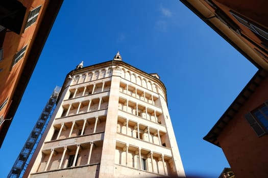 Octagonal-shaped baptistery of Parma. The external façade is made of red Verona marble.