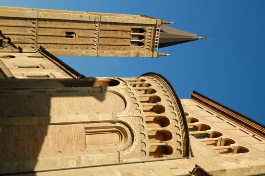 Cathedral of Parma Cathedral. Built in brick. Blue sky background.