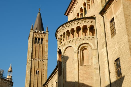 Cathedral of Parma Cathedral. Built in brick. Blue sky background.