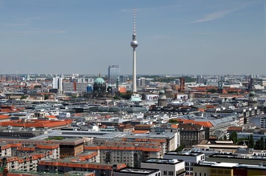 Berlin.  Panoramic view from the top of a Potsdamer Platz tower. In the background you can see the television tower