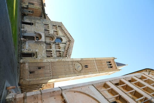 Parma, Emilia Romagna, Italy. About 12/2019. Cathedral, bell tower and baptistery of Parma. The buildings are built of stone and red Verona marble.