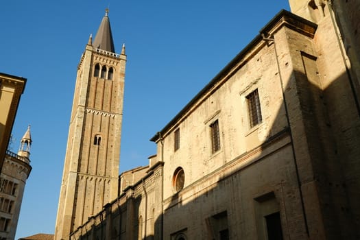 Cathedral of Parma Cathedral. Built in brick. Blue sky background.