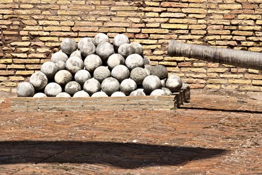 Rome, Italy. 05/02/2019. Iron cannons with wooden base displayed at Castel Sant'Angelo.