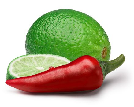 Red chili pepper with lime slices. Ingredients for hot sauce. Clipping paths, shadows separated, infinite depth of field. Design elements