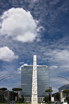 Obelisk to Gugliermo Marconi. Rome Eur, Italy. 05/03/2019. The stele was created by the Carrarese sculptor Arturo dazzi in 1959 for the Rome Olympics.