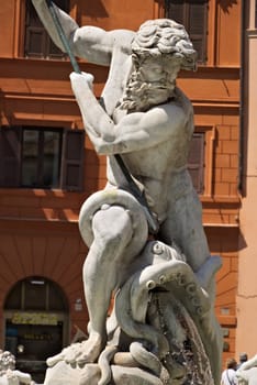 Fountain of Neptune in Piazza Navona. Rome Italy. 05/02/2019. Detail of the fountain. Sculptures by Antonio Della Bitta and Gregorio Zappalà. Tub designed by Giacomo della Porta