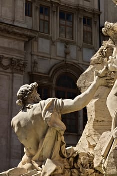 Fountain of the four rivers in Piazza Navona. Rome Italy. 05/02/2019. The fountain is a work by sculptor and architect Gian Lorenzo Bernini and is surmounted by an Egyptian obelisk.