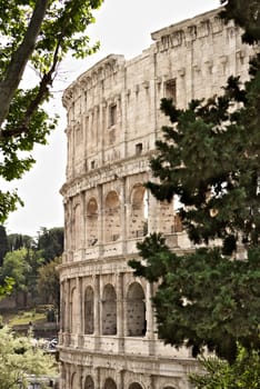 Rome, Italy. 05/03/2019. Detail of the Colosseum also called the Flavian Amphitheater. The construction is made of travertine marble.