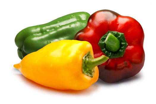 Mix of red, green and yellow sweet bell peppers, different cultivars. Clipping paths, shadows separated, infinite depth of field. Design elements