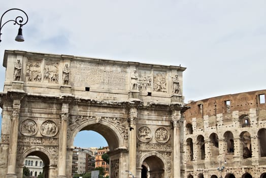 Rome, Italy. 05/03/2019. Arch of Constantine. The arch is located near the Colosseum and is designed to commemorate the victory of Constantine against Maxentius.