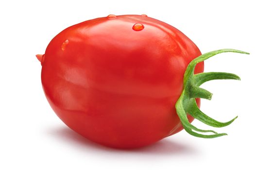 Fresh plum-like ripe red, oblong tomato with sepal. Clipping paths, shadow separated