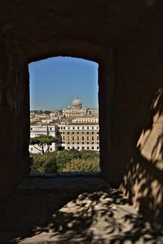 Rome, view with a view of the Vatican palaces taken from a window of Castel Sant'Angelo.