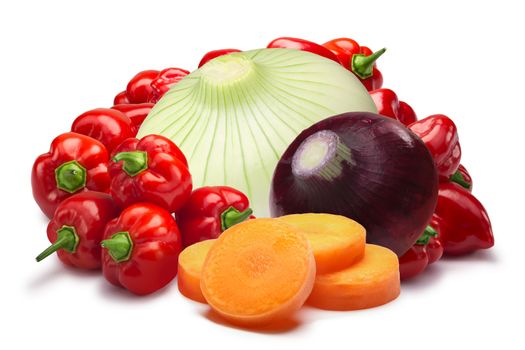Ingredients for Belizian hot sauce. Habaneros, onion, sliced carrot.Clipping paths, shadows separated, infinite depth of field. Design elements