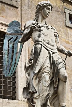 Rome, Italy. 05/03/2019. Marble angel sculpture placed in Castel Sant'Angelo. The white marble sculpture is placed in a courtyard of the castle.