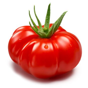 Ripe Heirloom Tomato (Togorific) with sepal. Clipping paths, shadow separated, infinite depth of field