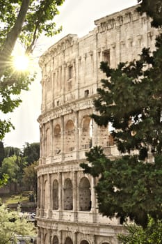 Rome, Italy. Detail of the Colosseum also called the Flavian Amphitheater. The construction is made of travertine marble.