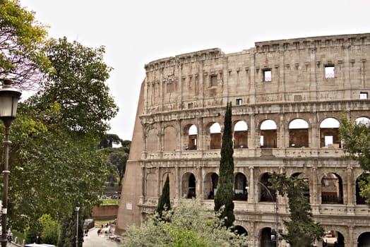 Rome, Italy. 05/03/2019. Detail of the Colosseum also called the Flavian Amphitheater. The construction is made of travertine marble.