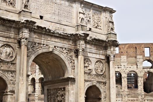 Rome, Italy. 05/03/2019. Detail of the Arch of Constantine. The arch is located near the Colosseum and is designed to commemorate the victory of Constantine against Maxentius.