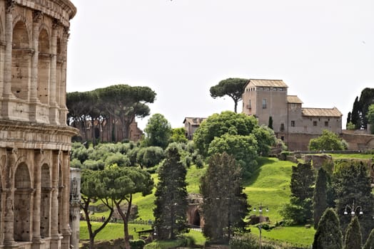 Rome, Italy. 05/03/2019. The Palatine Hill is in the foreground a detail of the Colosseum. The hill is a large open-air museum of ancient Rome. Pictured meadows and green trees