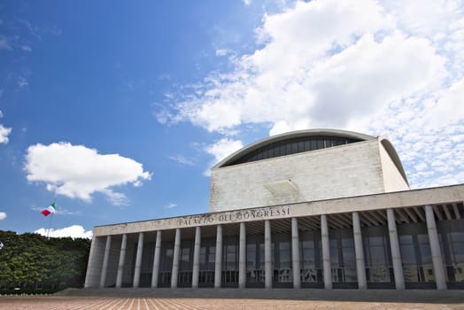 Congress Palace at the Eur. Rome Eur, Italy. 05/03/2019. Designed by the architect Adalberto Libera in the fascist period. Facade cladding in white Carrara marble.