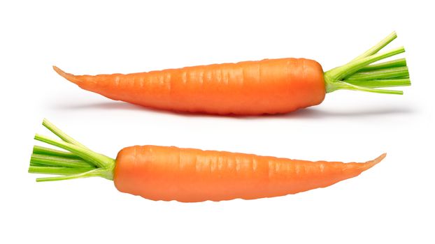 Two carrots (Daucus carota sativus), one shadowless. Clipping paths, shadow separated, infinite depth of field 