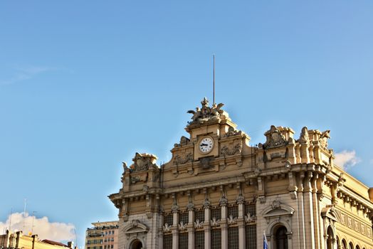 The front of the Genova Brignole station with the bus stop shelter.