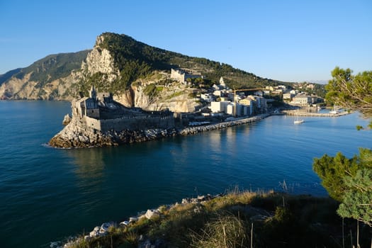 Village of Portovenere in Liguria near the Cinque Terre. The church of San Pietro overlooking the sea.