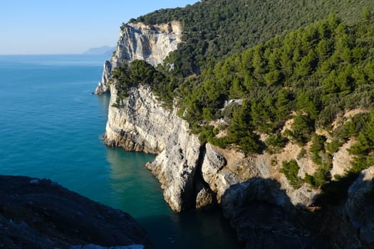 Rocks overlooking the sea on Palmaria Island in Portovenere. Marine panorama near the Cinque Terre.
