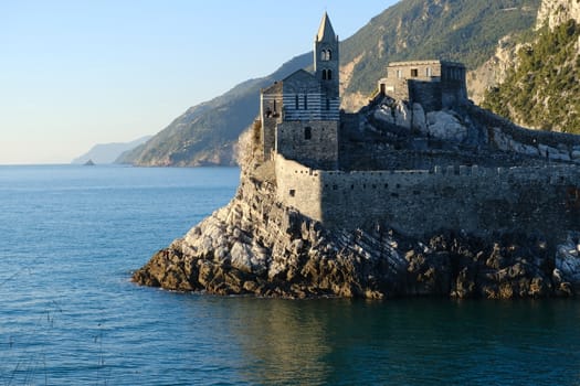 Church of San Pietro in Portovenere near the Cinque Terre. Ancient medieval building on the rocks overlooking the sea.
