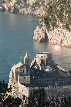 Church of San Pietro in Portovenere on the rocks overlooking the sea. Ancient medieval building near the Cinque Terre in Liguri. Italy.