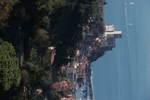 Panorama of the town of Lerici with the sea, the castle, the houses and the tourist port.