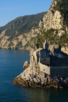 Church of San Pietro in Portovenere near the Cinque Terre. Ancient medieval building on the rocks overlooking the sea.
