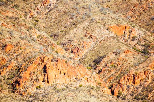 Landscape views of mountain rock faces near Glen Helen in Northern Territory, Australia