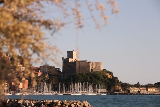 Lerici, Italy about 4/2016.  Panorama of the castle of Lerici and the tourist port.