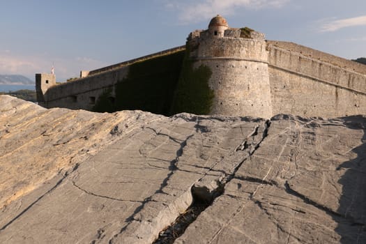 Portovenere, La Spezia, Italy. About 10/2016. Walls of the castle of Portovenere with bastion and the background of the sea.