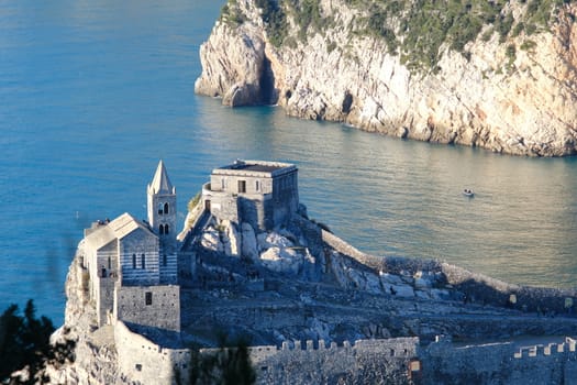 Church of San Pietro in Portovenere on the rocks overlooking the sea. Ancient medieval building near the Cinque Terre in Liguri. Italy.