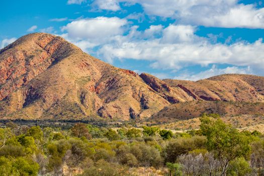 Landscape views of mountain rock faces near Glen Helen in Northern Territory, Australia