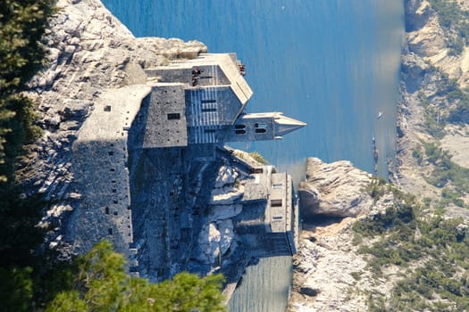 Church of San Pietro in Portovenere on the rocks overlooking the sea. Ancient medieval building near the Cinque Terre in Liguri. Italy.