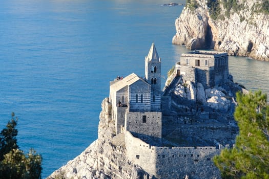 Church of San Pietro in Portovenere near the Cinque Terre. Ancient medieval building on the rocks overlooking the sea.
