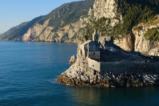 Church of San Pietro in Portovenere on the rocks overlooking the sea. Ancient medieval building near the Cinque Terre in Liguri. Italy.