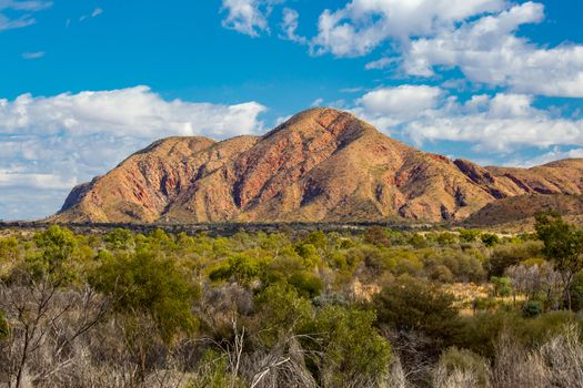 Landscape views of mountain rock faces near Glen Helen in Northern Territory, Australia