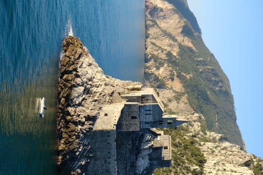 Portovenere, La Spezia, Italy. About 12/2019. Church of San Pietro in Portovenere on the rocks overlooking the sea. Ancient medieval building near the Cinque Terre in Liguri. Italy.