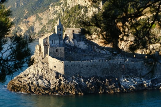 Church of San Pietro in Portovenere near the Cinque Terre. Ancient medieval building on the rocks overlooking the sea.
